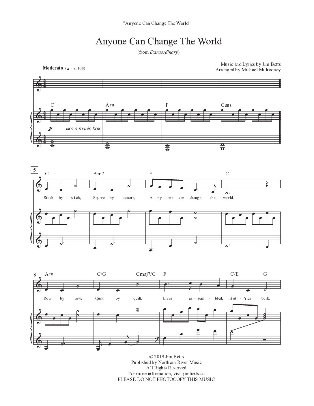 "Anyone Can Change The World" Piano/Vocal pdf - from Extraordinary - Digital Download